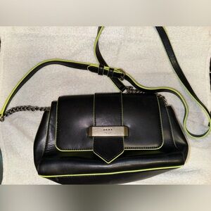 DKNY purse, small cross body bag in black with green accents